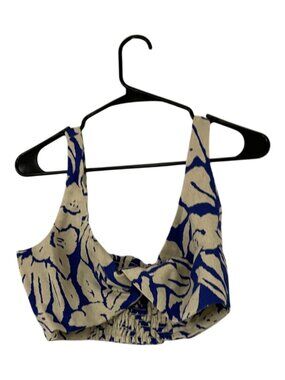 Oysho Womens Crop Top Large Blue Beige Floral Print Linen Blend 0204/162 NWT